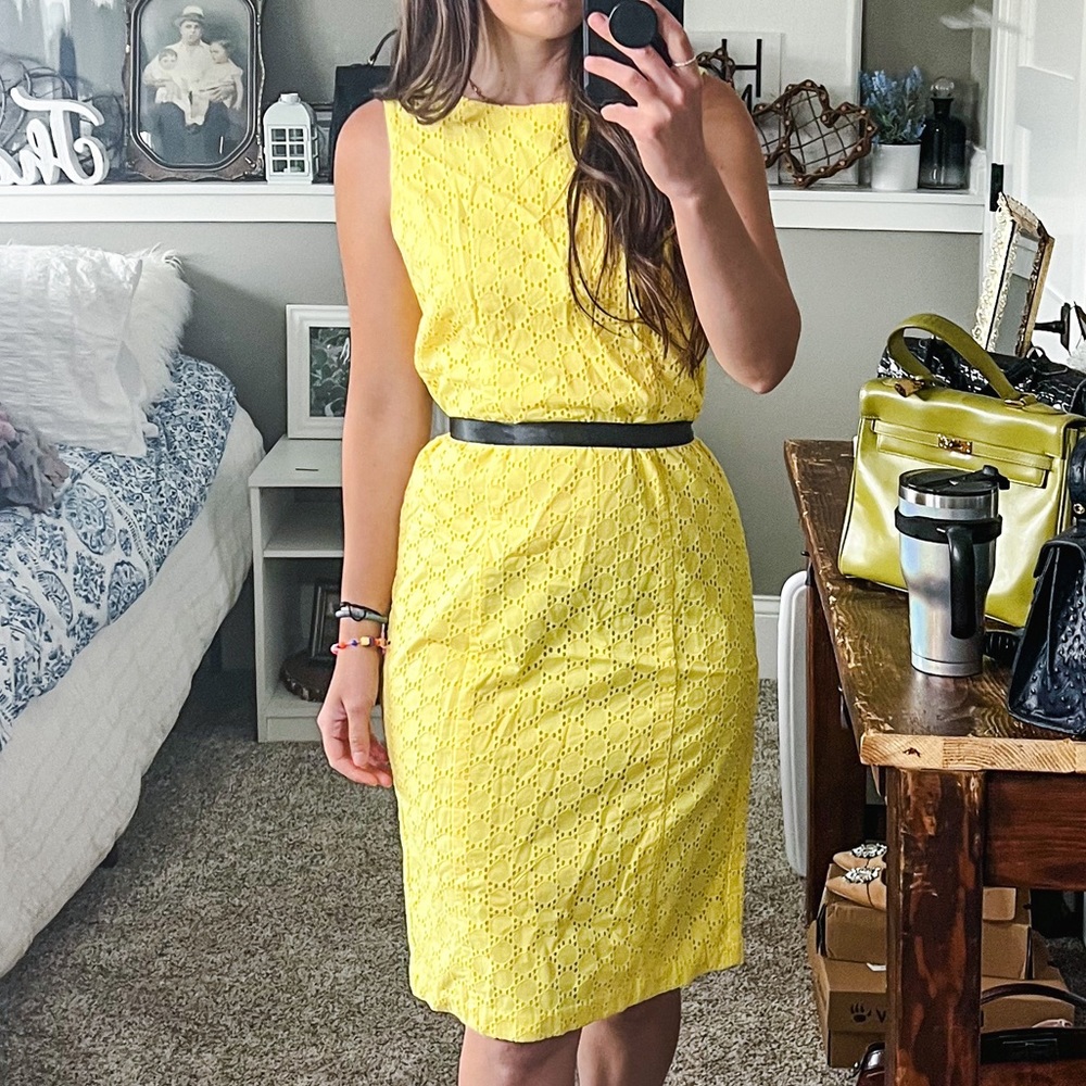 Talbots eyelet sleeveless yellow cotton summer midi sleek fitted shift dress A